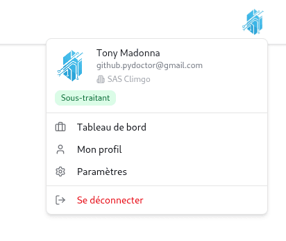 Menu déroulant montrant l'option Mon Profil pour accéder à la configuration du profil public