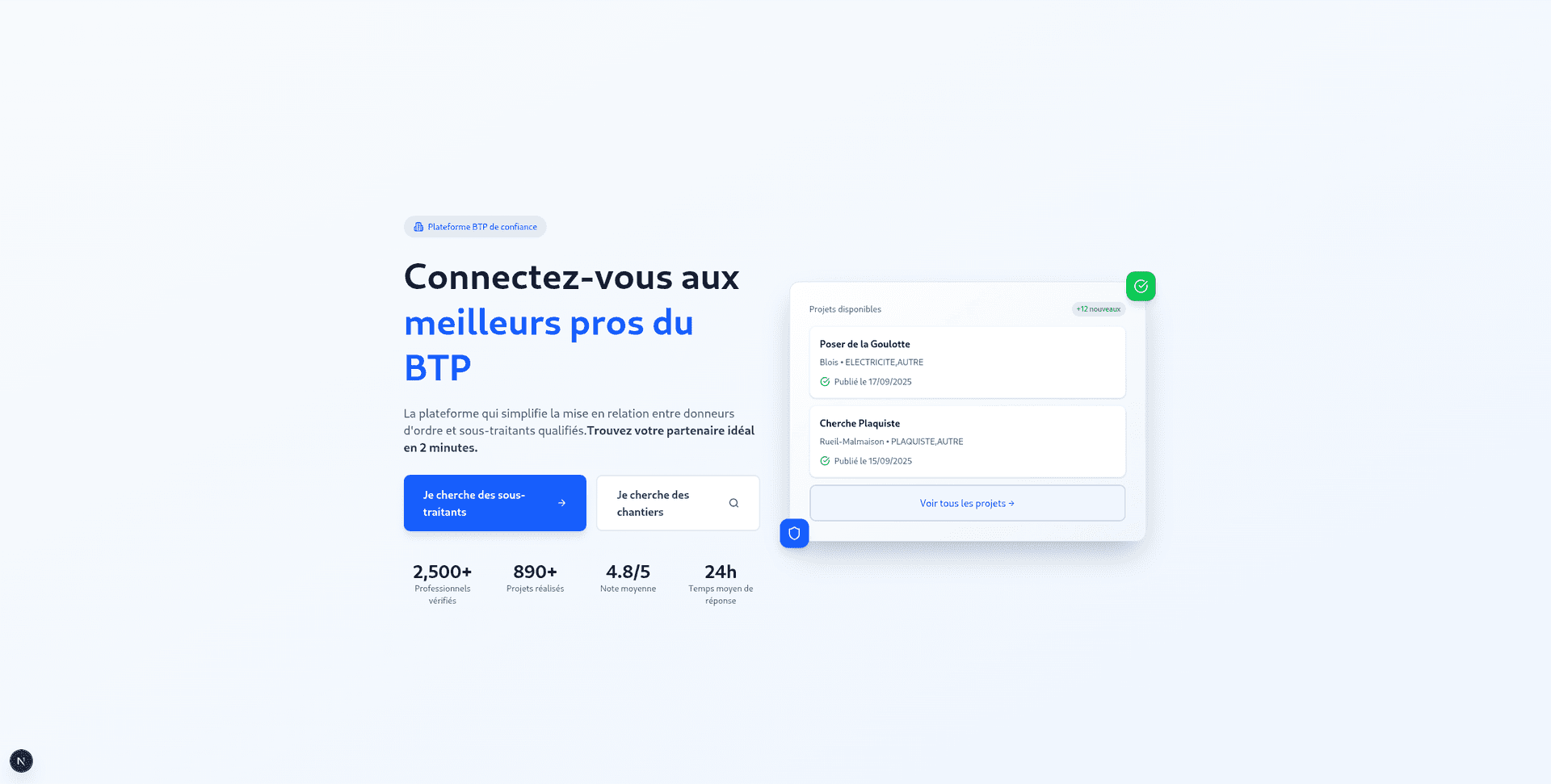 Page d'accueil de Chantier-Direct montrant les options d'inscription donneur d'ordre et sous-traitant