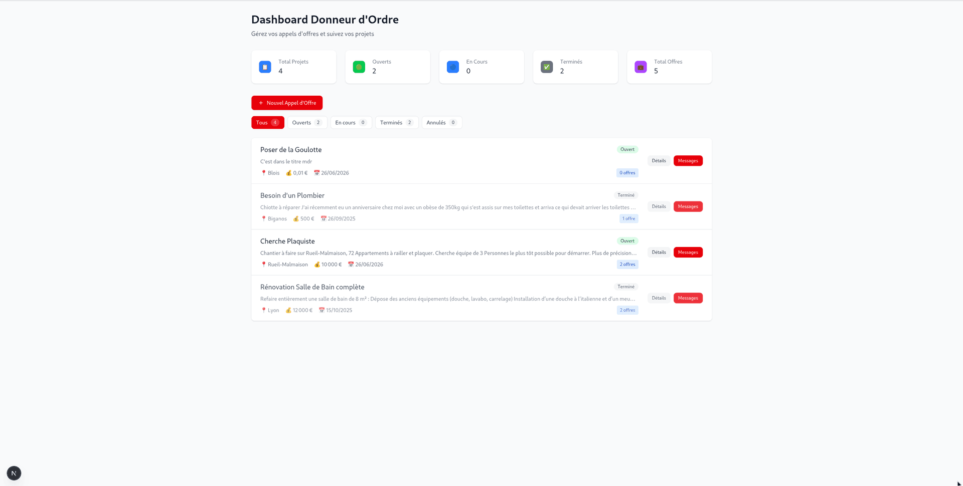 Dashboard donneur d'ordre avec liste des projets et statistiques