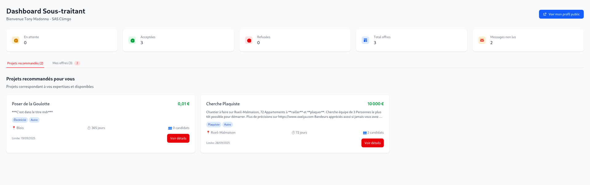 Dashboard sous-traitant avec projets recommandés et mes offres