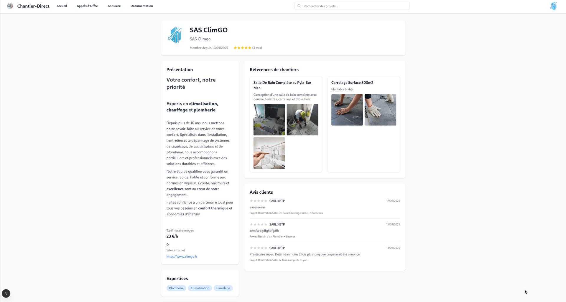 Rendu final du profil public tel qu'il apparaît aux donneurs d'ordre avec photo, informations entreprise et références chantiers