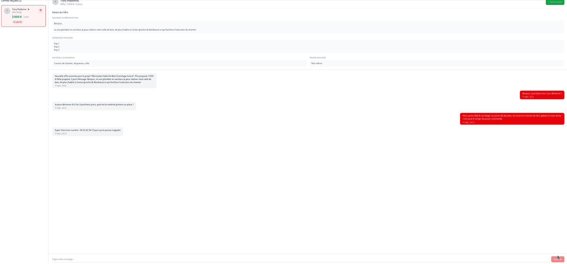 Page de détail projet montrant la liste des offres reçues avec sidebar