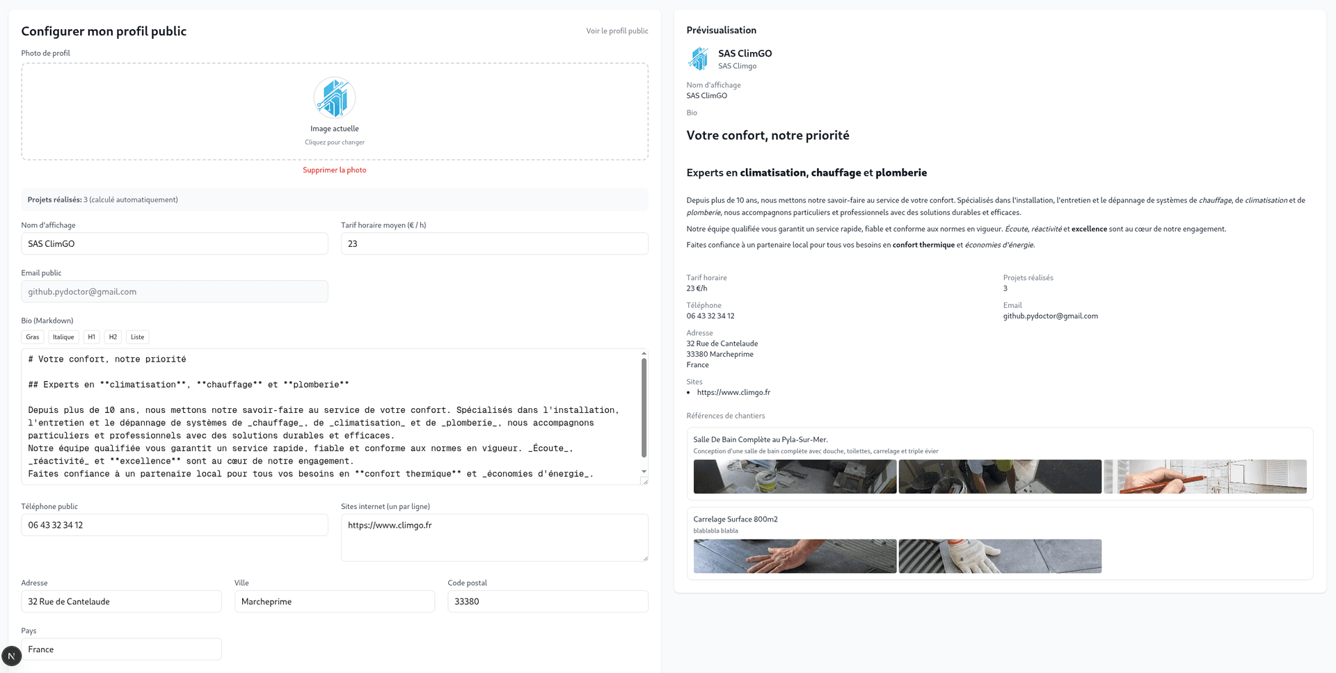 Interface de modification du profil public avec formulaire à gauche et prévisualisation à droite