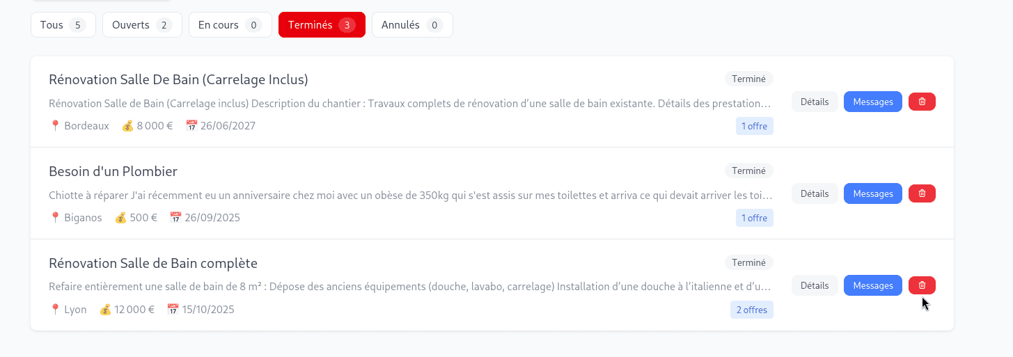 Historique des projets terminés avec statistiques et évaluations
