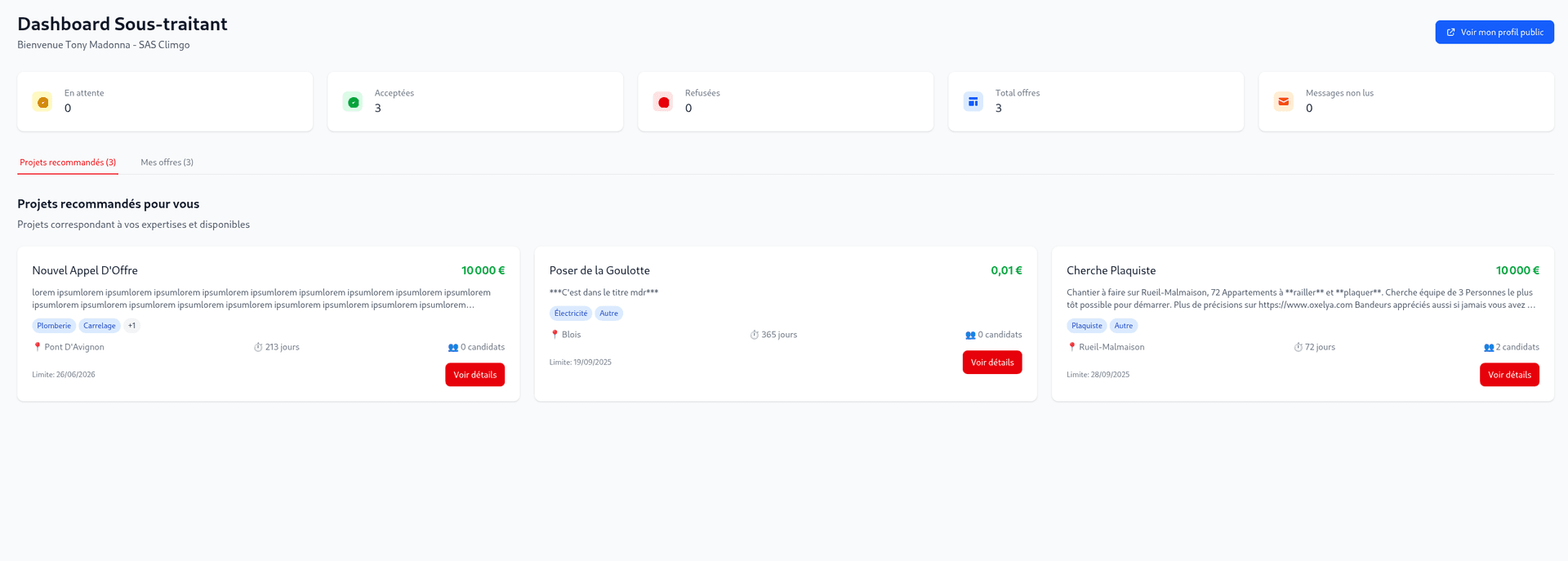 Vue complète du dashboard sous-traitant avec toutes les sections
