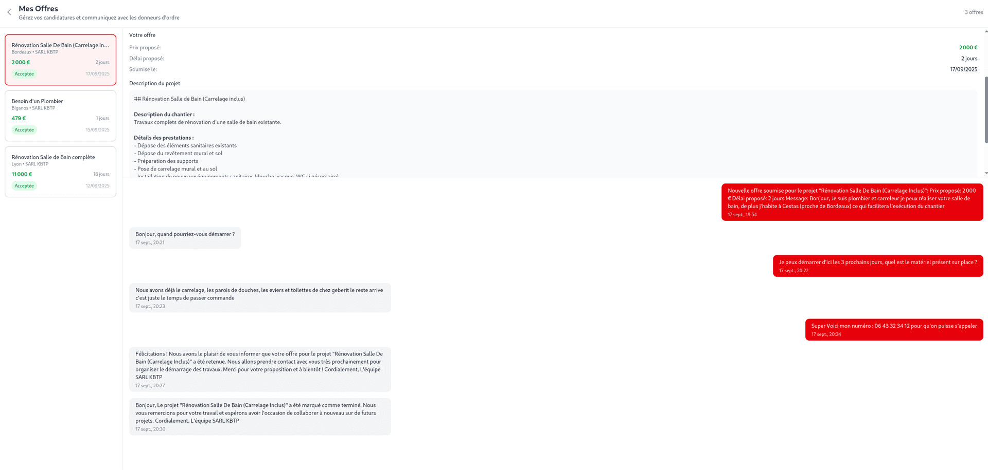 Interface de gestion des offres avec liste et détails