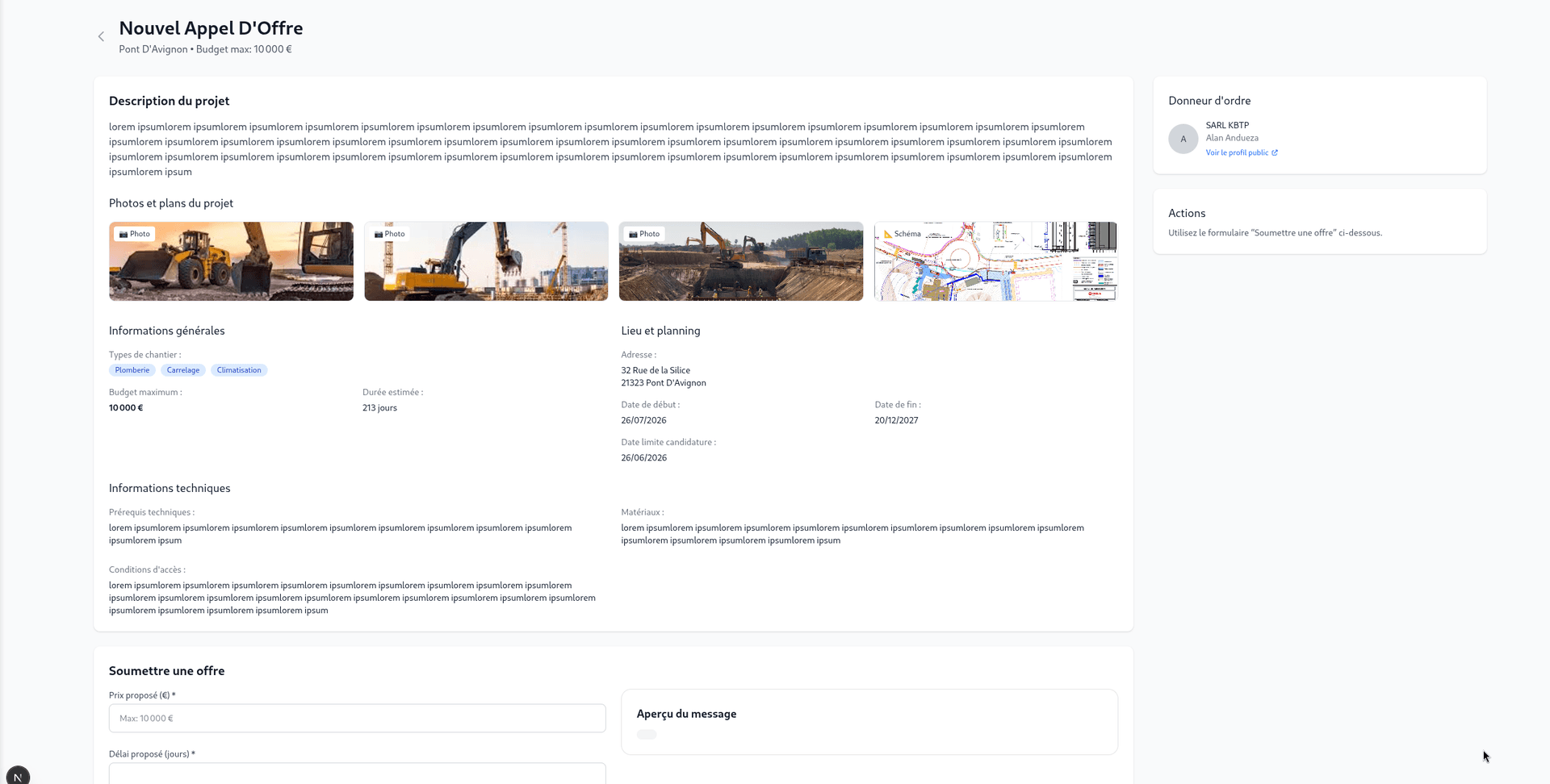 Page de détail d'un projet avec toutes les informations pour analyse
